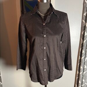 Lauren Ralph Lauren Chocolate Brown Polka Dot 3/4 Length Sleeve Button Down SZ M